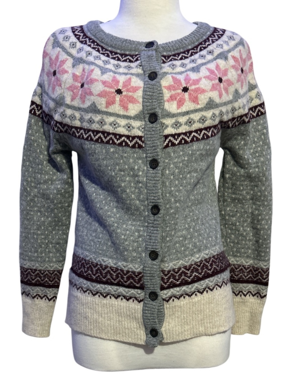 Atmosphere Gray and Pink Fair Isle Button-Up Wool Cardigan